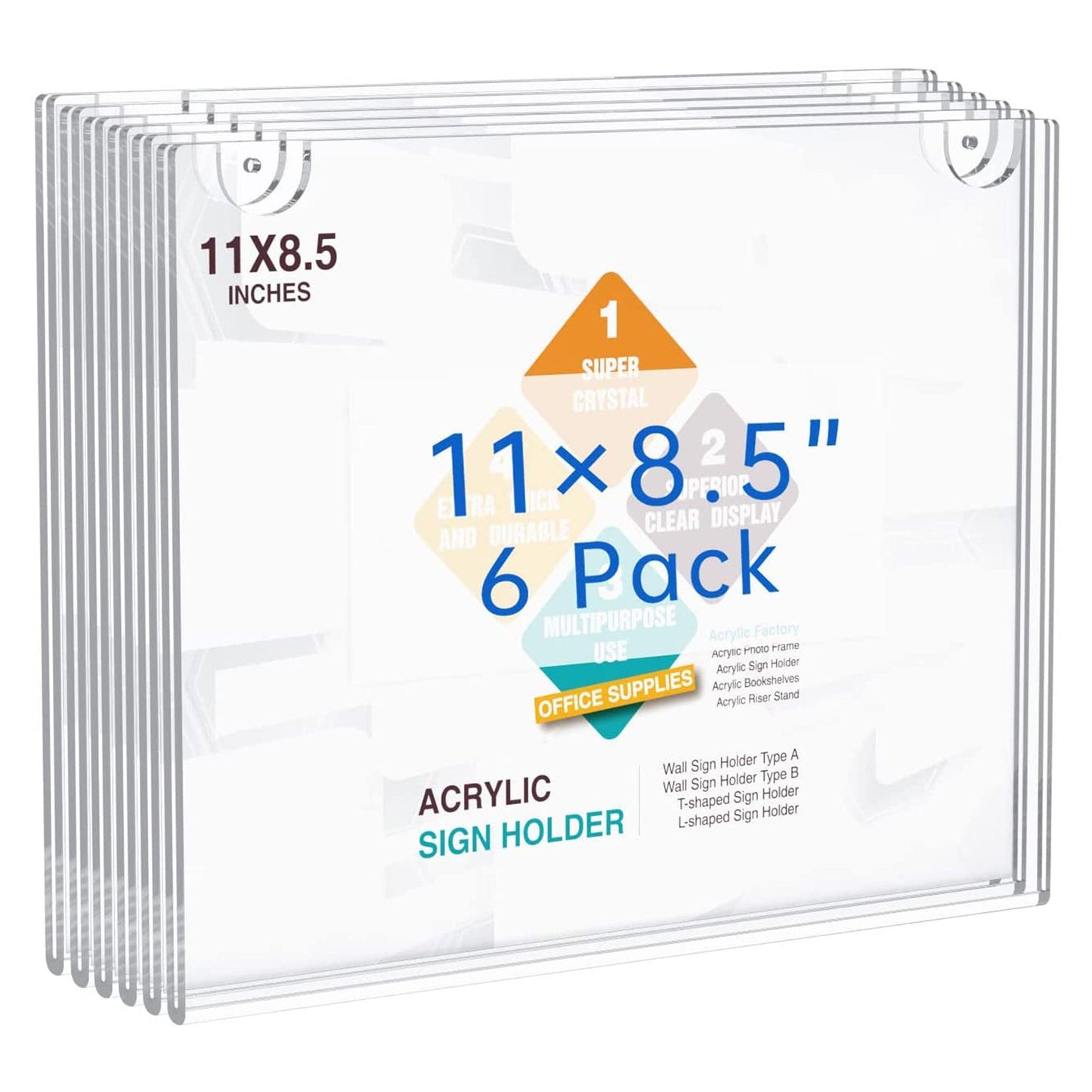 Acrylic Wall Sign Holder horizontal- 6 pack