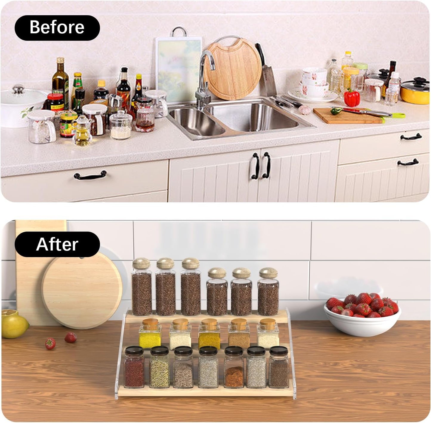 Spice Rack, Seasoning Organizer, Clear Acrylic Vertical Shelves Organizer Countertop, Kitchen Organization & Storage
