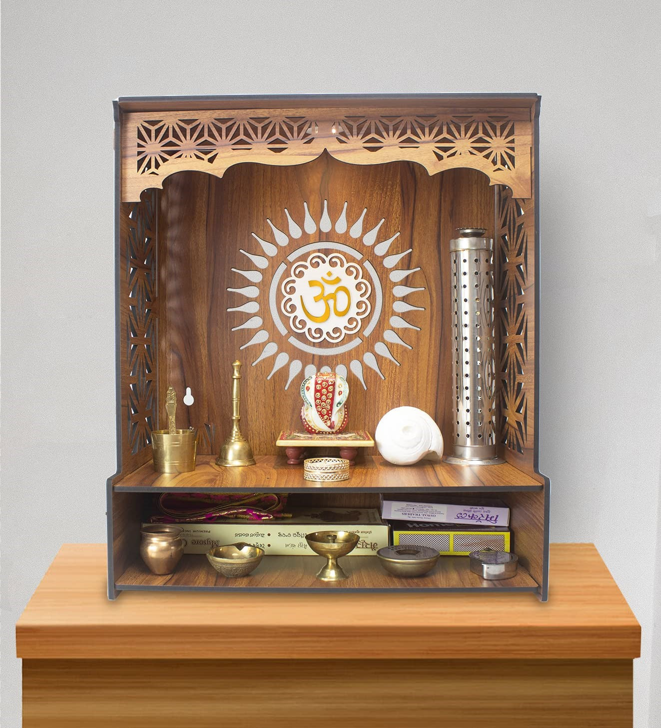 Shree Beautiful Wooden Pooja Stand for Home/Mandir for Home/Temple for Home and Office/Puja Mandir for Home and Office Wall with LED Spot Light/Product
