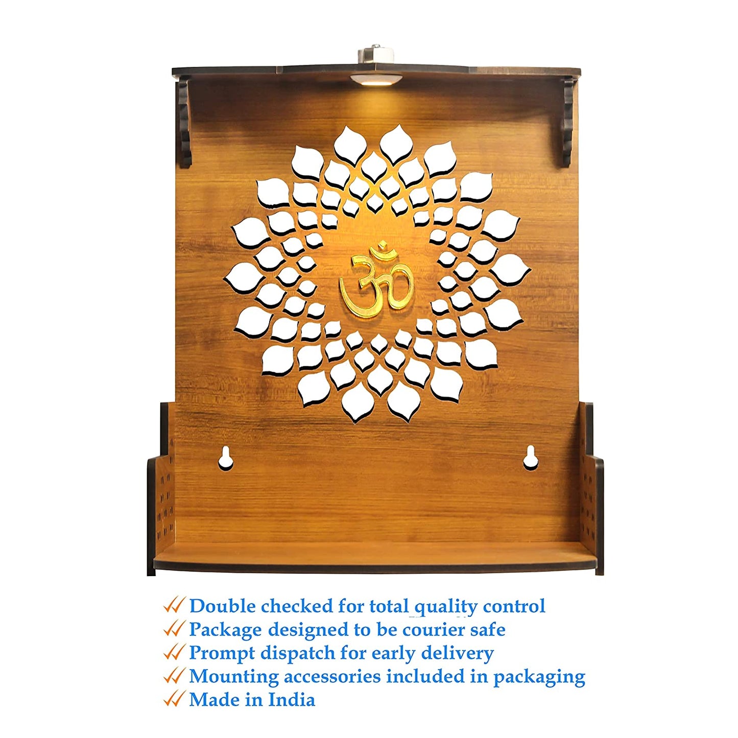 Aura Beautiful Wooden Pooja Stand For Home, Temple For Home And Office/ Puja Mandir For Home And Office Wall With Led Light /Product (Height- 12, Depth- 8.6 , Width-10.5 Inch) (Brown)