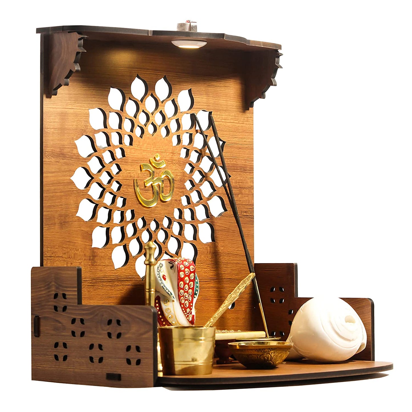 Aura Beautiful Wooden Pooja Stand For Home, Temple For Home And Office/ Puja Mandir For Home And Office Wall With Led Light /Product (Height- 12, Depth- 8.6 , Width-10.5 Inch) (Brown)
