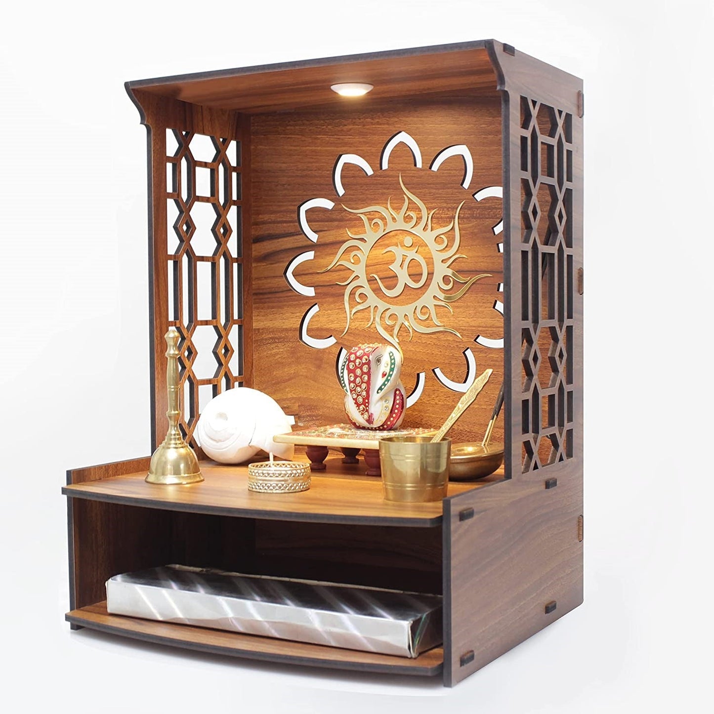 Mangal Beautiful Wooden Pooja Stand for Home/Mandir for Home/Temple for Home and Office/Puja Mandir for Home and Office Wall with LED Spot Light/Product