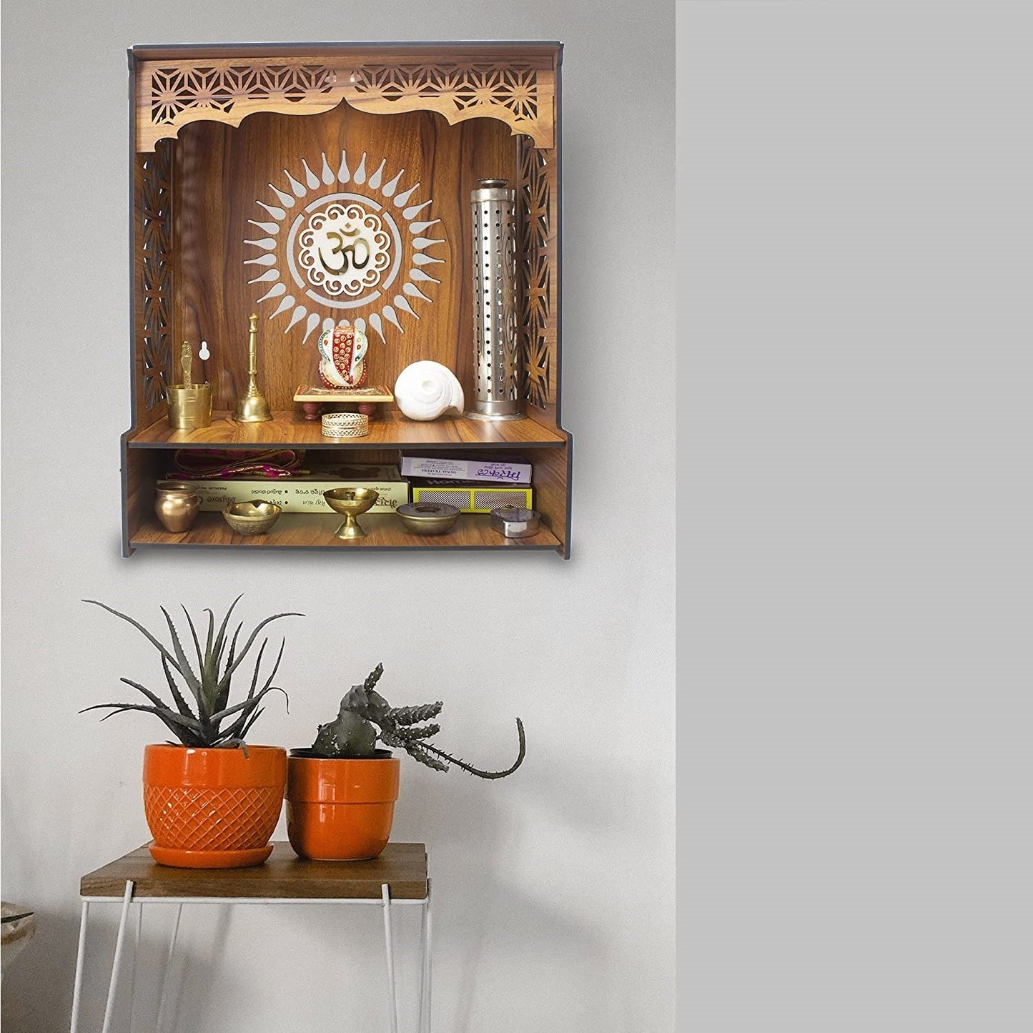 Shree Beautiful Wooden Pooja Stand for Home/Mandir for Home/Temple for Home and Office/Puja Mandir for Home and Office Wall with LED Spot Light/Product