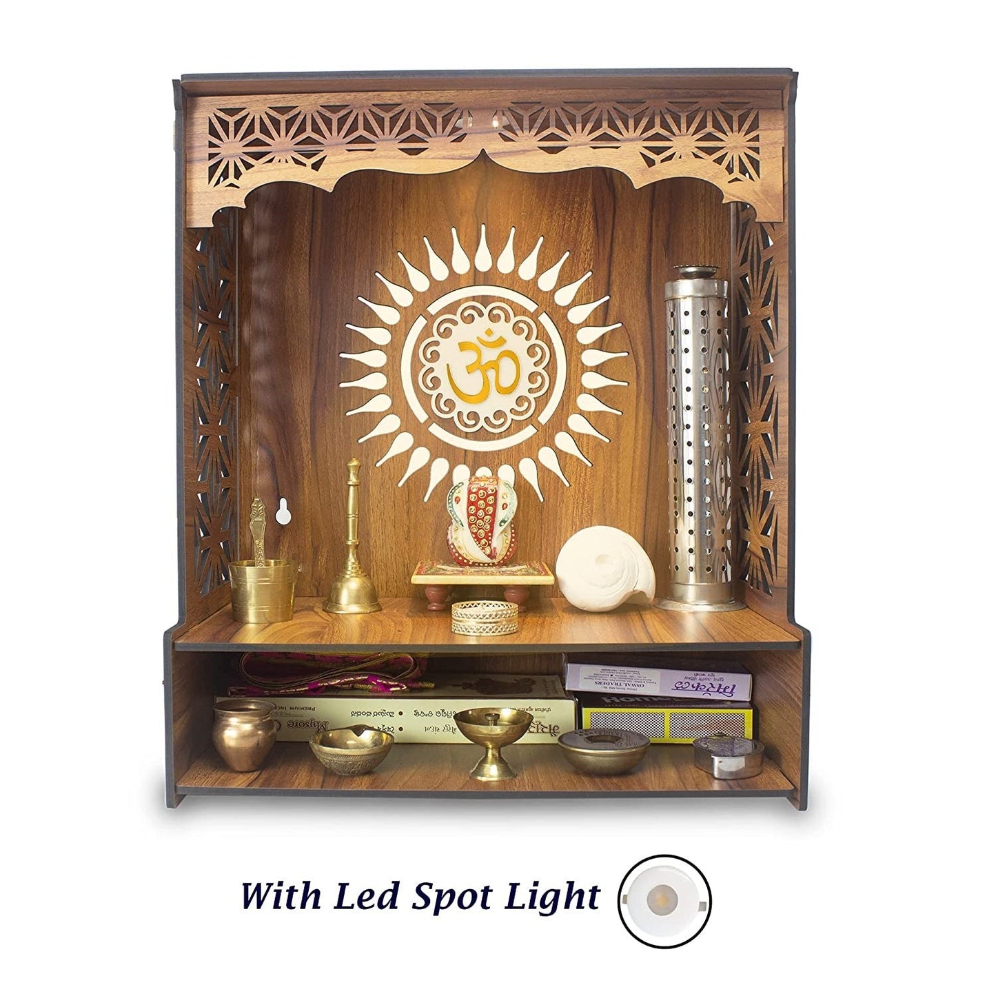 Shree Beautiful Wooden Pooja Stand for Home/Mandir for Home/Temple for Home and Office/Puja Mandir for Home and Office Wall with LED Spot Light/Product
