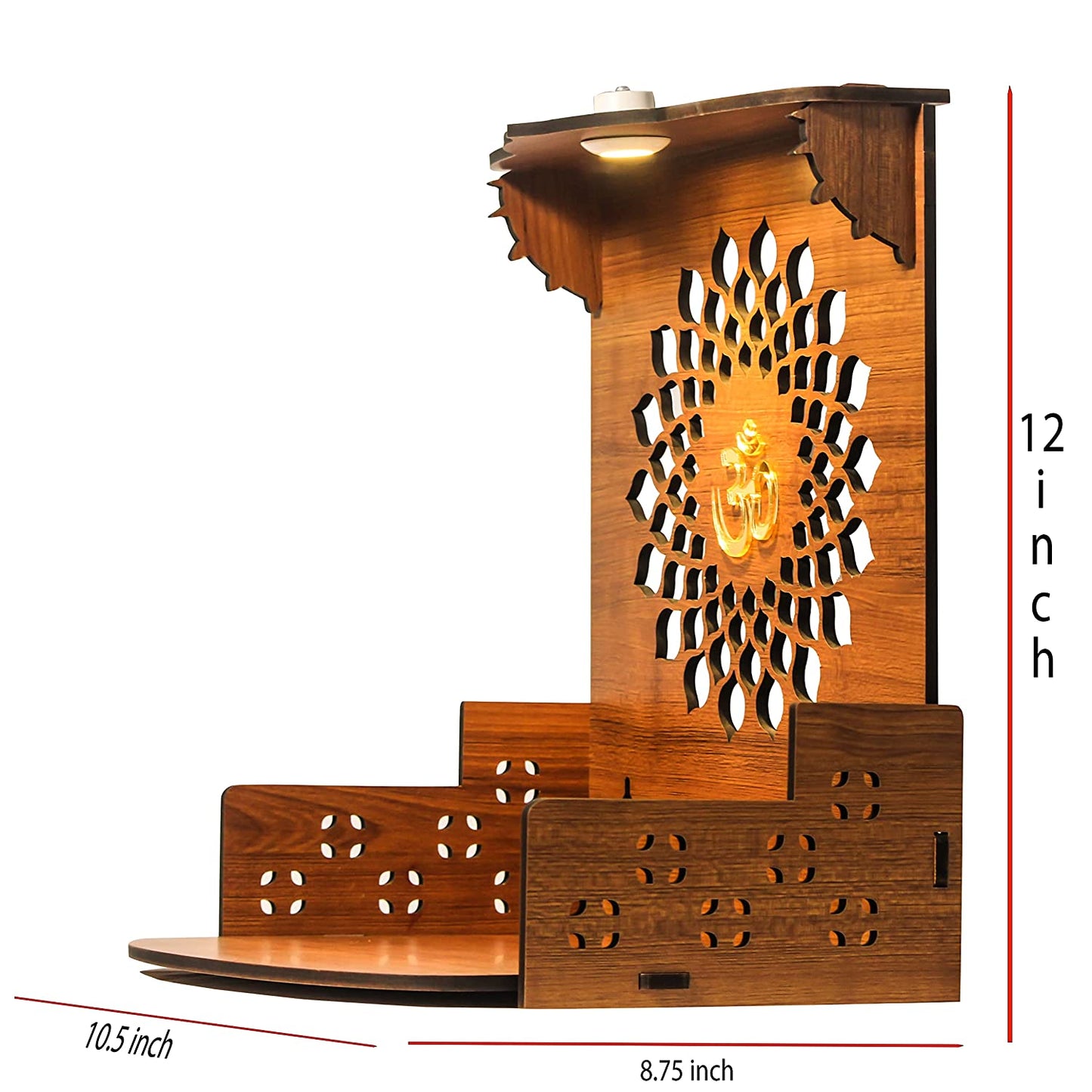 Aura Beautiful Wooden Pooja Stand For Home, Temple For Home And Office/ Puja Mandir For Home And Office Wall With Led Light /Product (Height- 12, Depth- 8.6 , Width-10.5 Inch) (Brown)