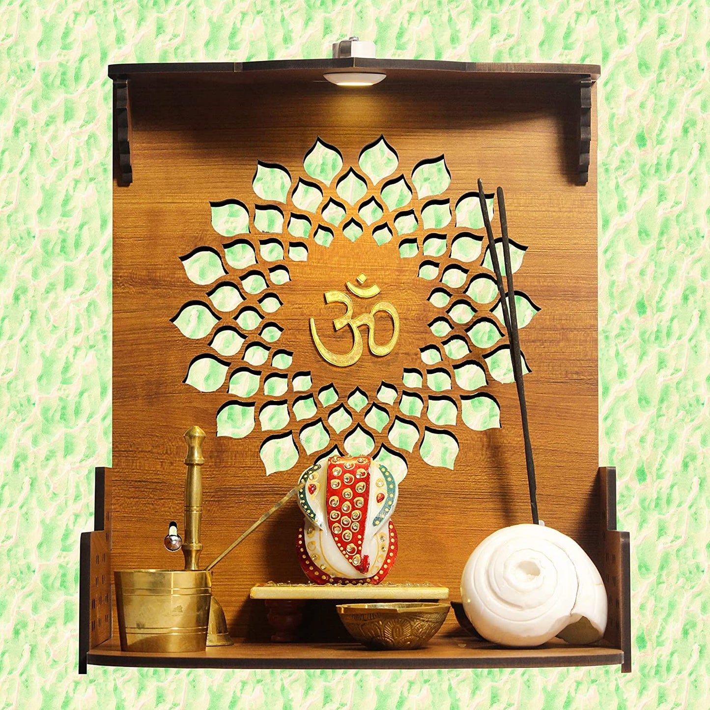 Aura Beautiful Wooden Pooja Stand For Home, Temple For Home And Office/ Puja Mandir For Home And Office Wall With Led Light /Product (Height- 12, Depth- 8.6 , Width-10.5 Inch) (Brown)