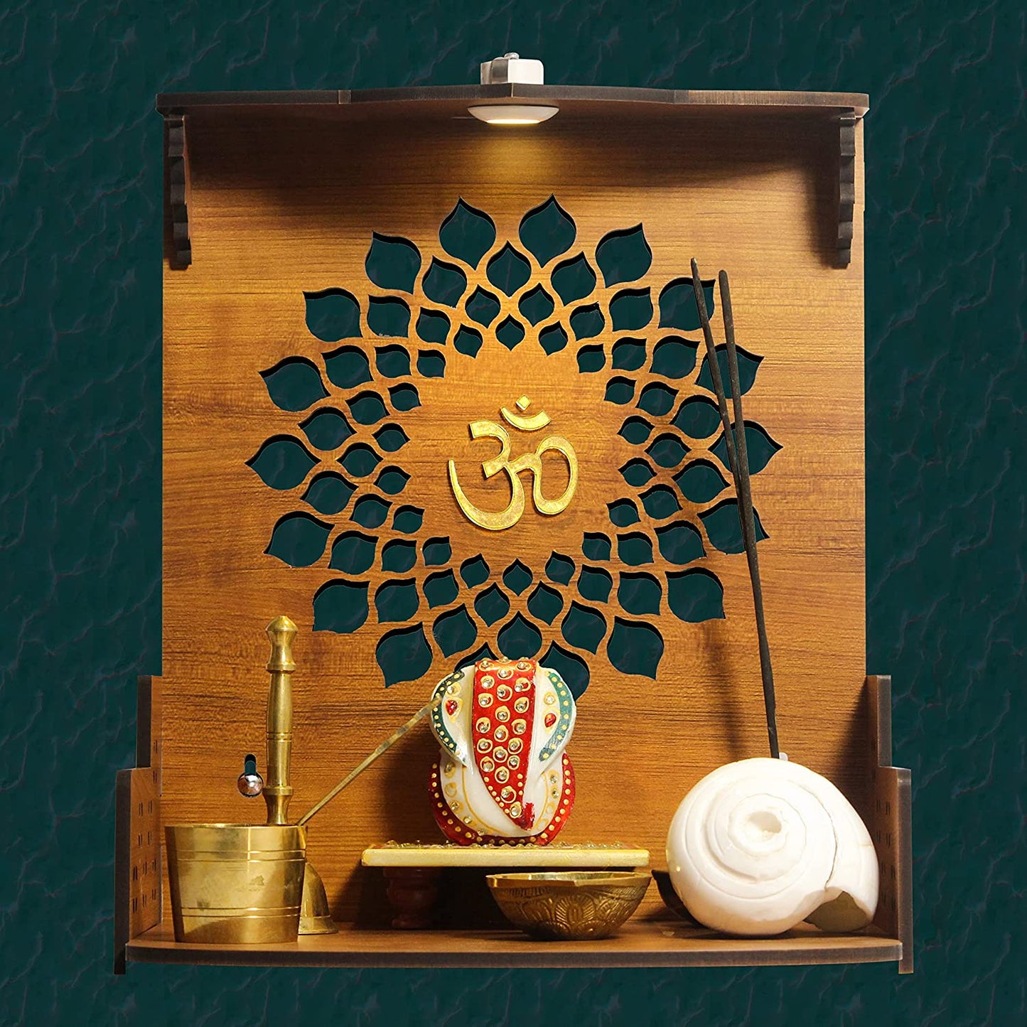 Aura Beautiful Wooden Pooja Stand For Home, Temple For Home And Office/ Puja Mandir For Home And Office Wall With Led Light /Product (Height- 12, Depth- 8.6 , Width-10.5 Inch) (Brown)