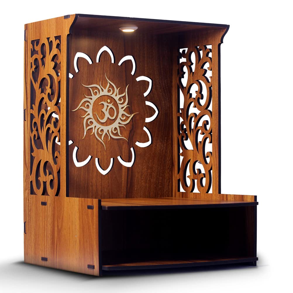 Roli Beautiful Wooden Pooja Stand for Home/Mandir for Home/Temple for Home and Office/Puja Mandir for Home and Office Wall with LED Spot Light/Product