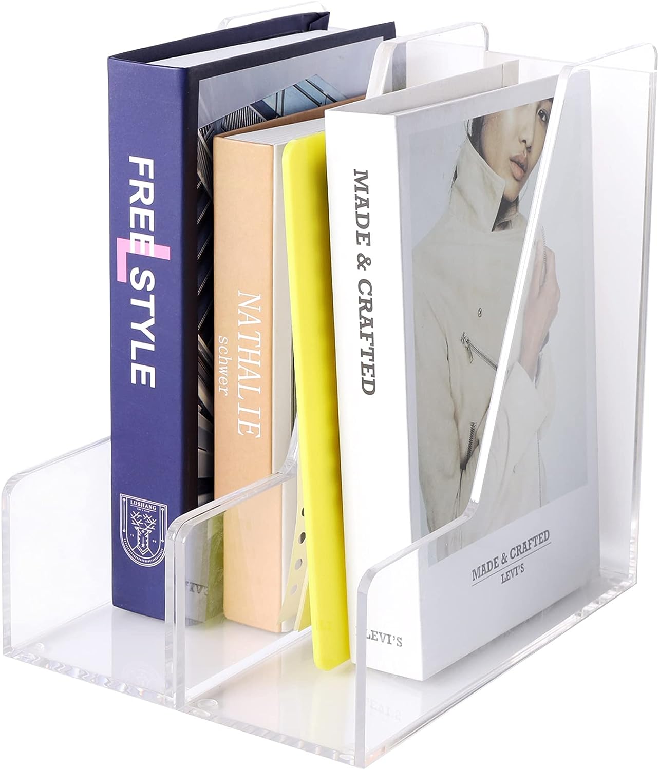 Magazine Holder, Clear Acrylic Desk Organizers, File Organizer for Desk, Magazine Rack- Desktop Book Storage -Independent Vertical 1 Space-2 Pack