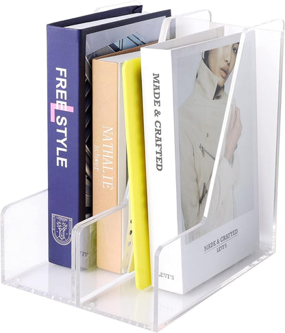 Magazine Holder, Clear Acrylic Desk Organizers, File Organizer for Desk, Magazine Rack- Desktop Book Storage -Independent Vertical 1 Space-2 Pack