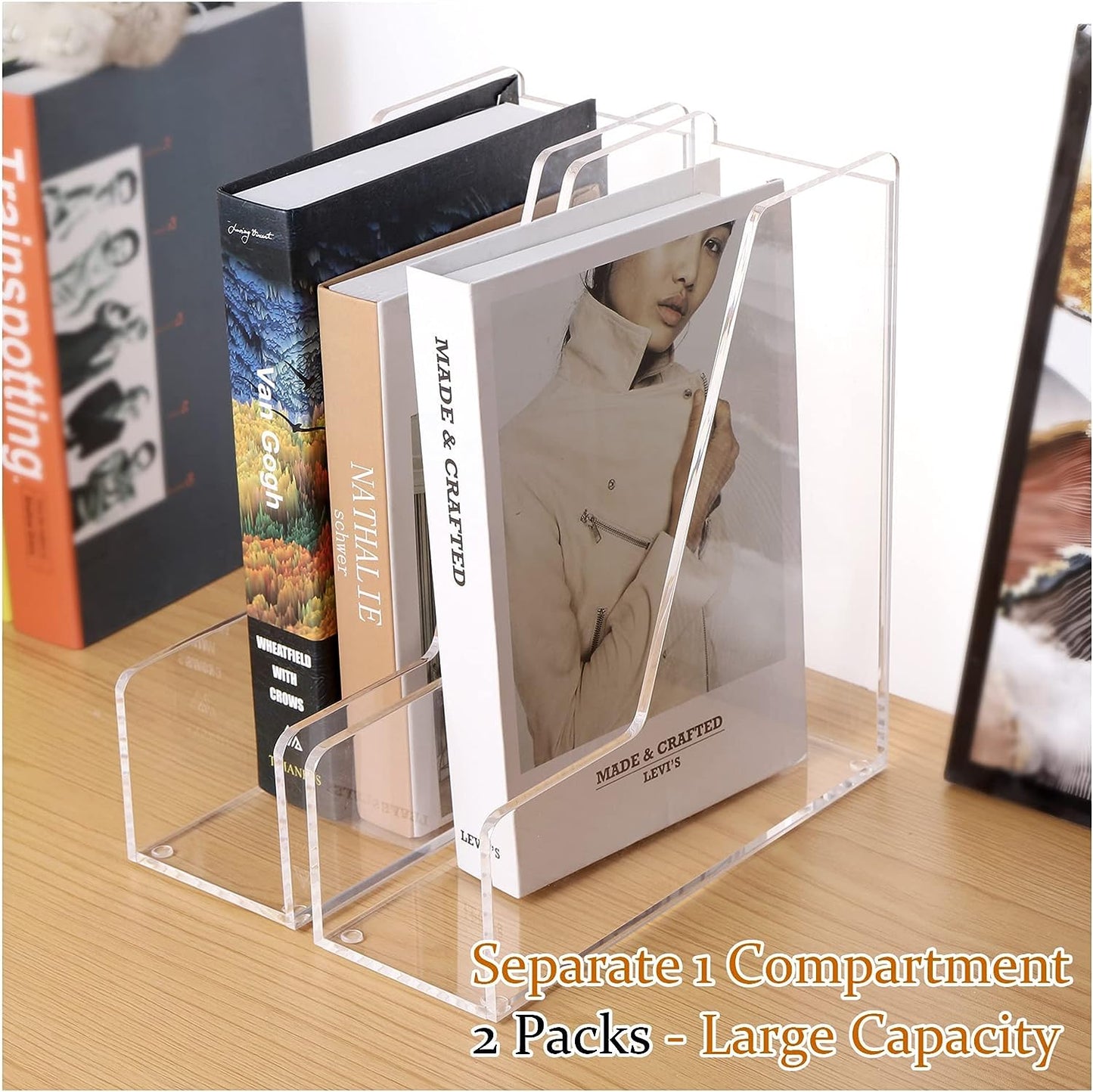 Magazine Holder, Clear Acrylic Desk Organizers, File Organizer for Desk, Magazine Rack- Desktop Book Storage -Independent Vertical 1 Space-2 Pack