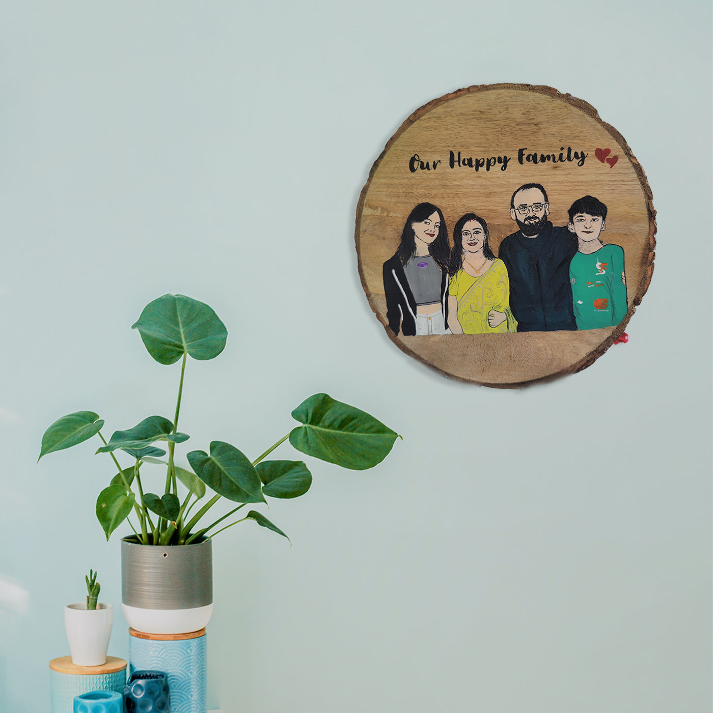 Hand Painted Personalized Family Caricature Plaque on Bark Base