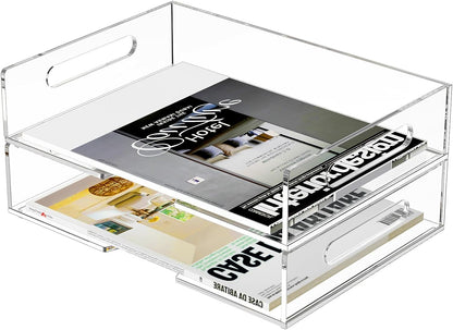 Acrylic Paper Tray 2 Pack Clear Letter Tray Desk Stackable Organizer Tray for School, Home, Office Desk Accessories - Horizontal