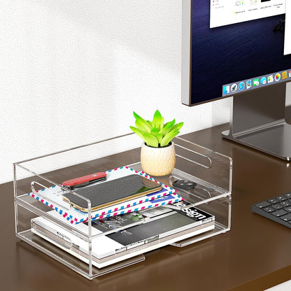 Acrylic Paper Tray 2 Pack Clear Letter Tray Desk Stackable Organizer Tray for School, Home, Office Desk Accessories - Horizontal